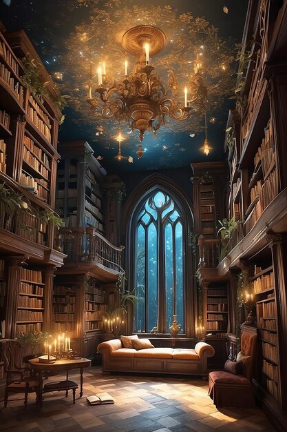 magical library with floating books